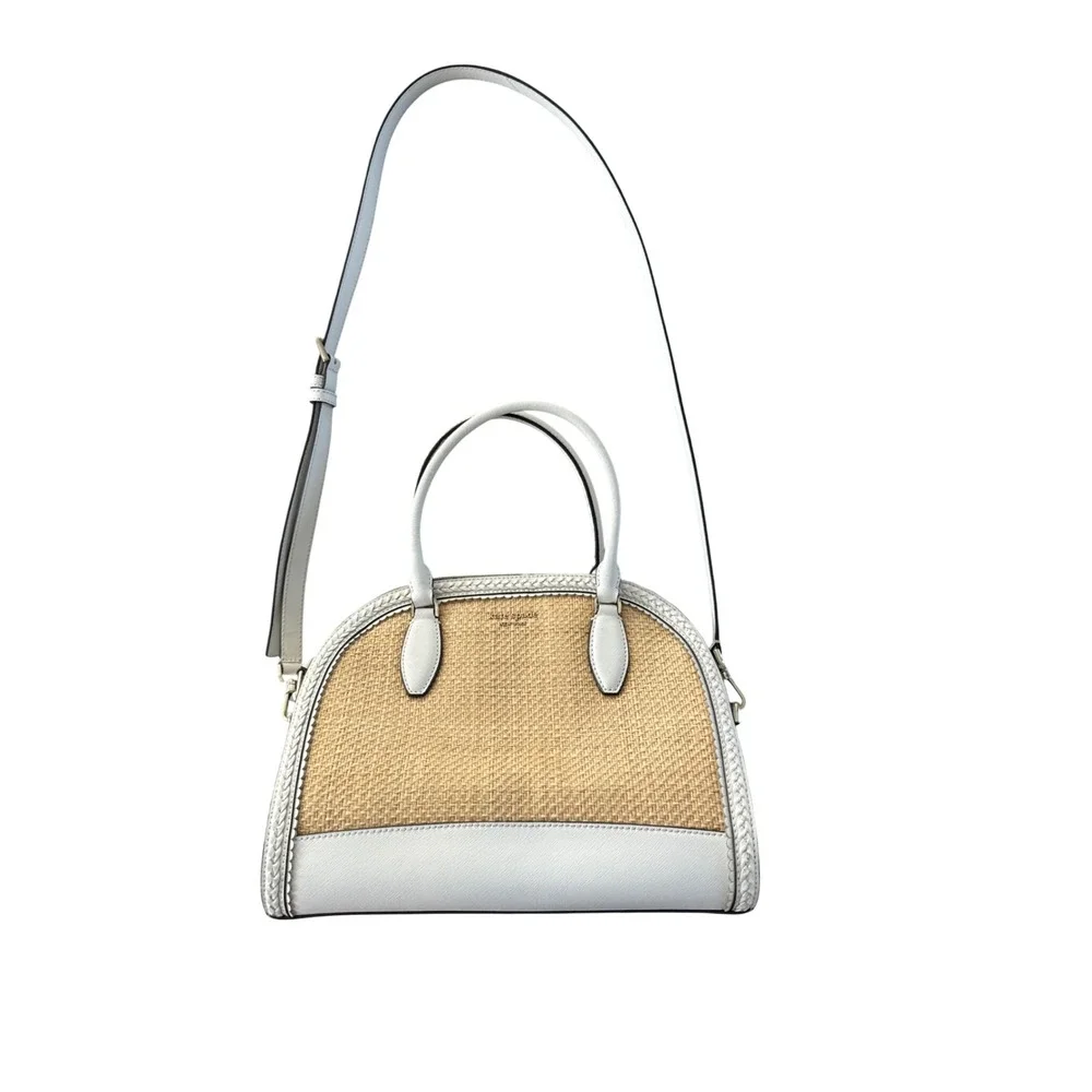 Kate Spade Reiley Straw Dome Crossbody Bag Purse Satchel White Leather